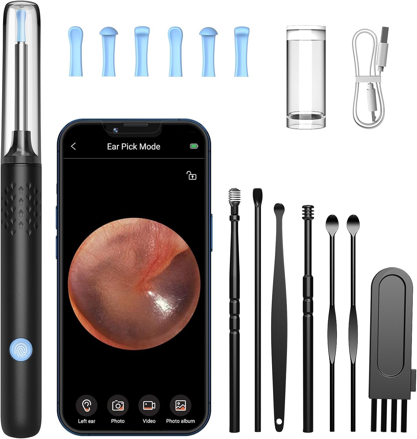 Ear Wax Removal Kit,Smart Visual Earwax Remover Ear Pick with Camera | Ear Camera with 1080P, Ear Wax Removal Kit Otoscope with LED Light, Ear Cleaning Kit for Iphone, Ipad, Android Phones-Black